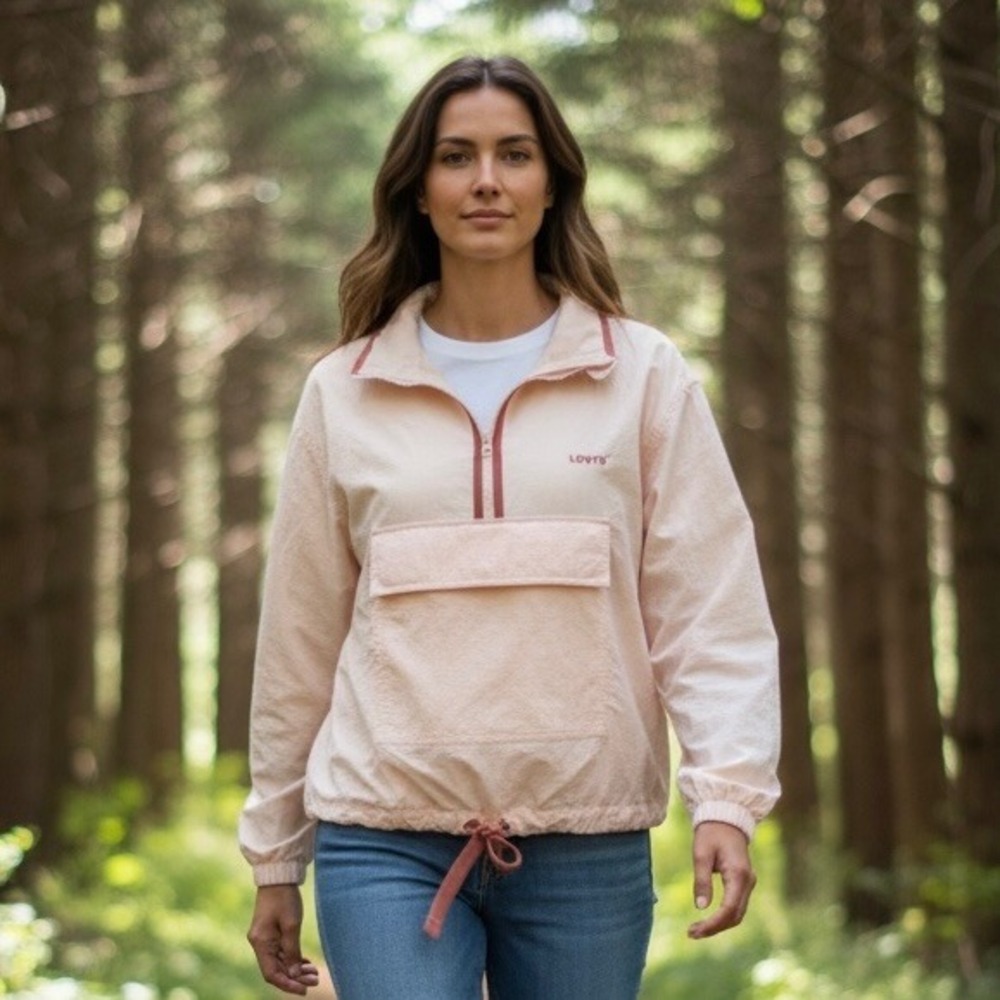 Levi's Quarter-Zip Anorak Windbreaker Jacket Tan Peach Pullover Small